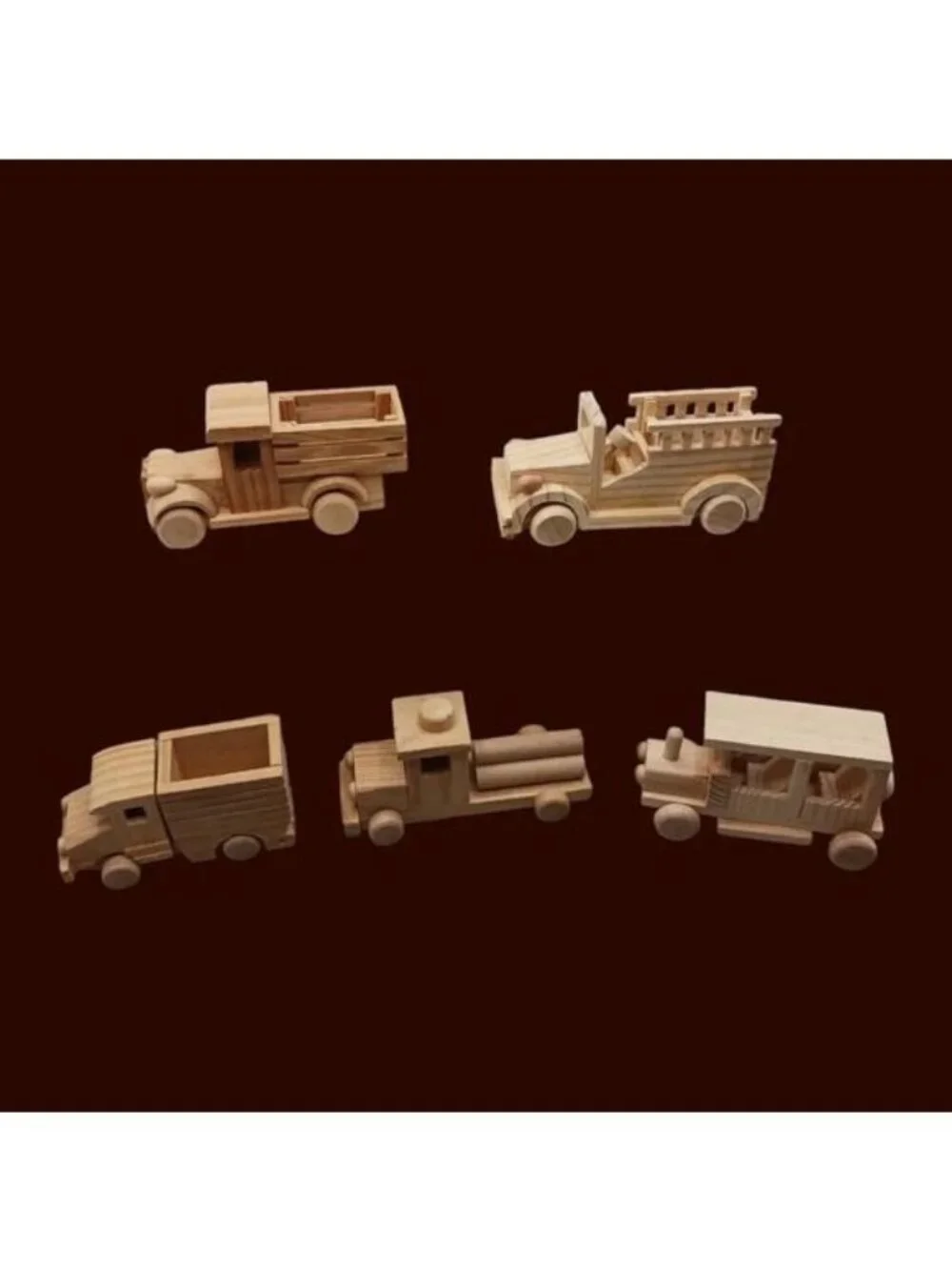 Vtg Natural Wooden Toy Vehicle Lot of 5 Fire Trucks Ambulance Dump & Log Truck
